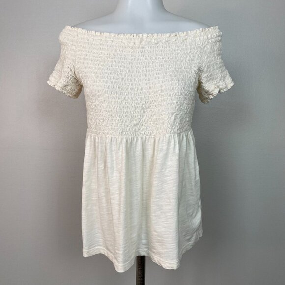 Old Navy Tops - Old Navy Top Small Ivory Smocked Off-the-Shoulder Short Sleeve Blouse Cotton